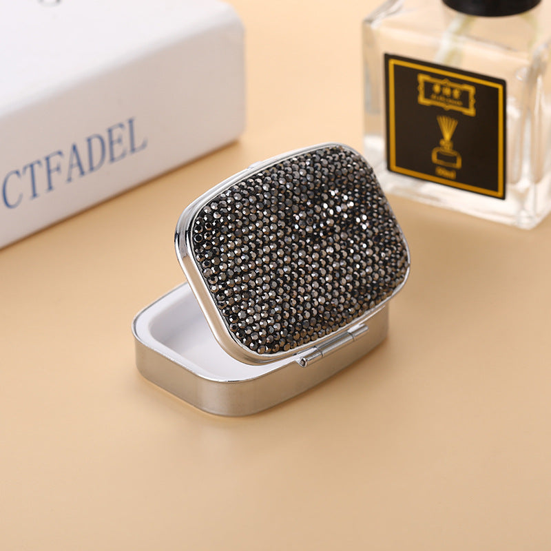 Wholesale Metal Diamond-encrusted Two-compartment Medicine Box, Portable with Mirror
