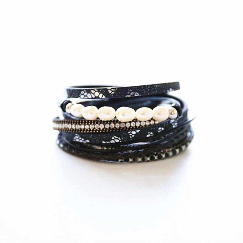 Wholesale Freshwater Pearl Cowhide Rope Bracelet with Diamond Multi-layer Magnet Buckle