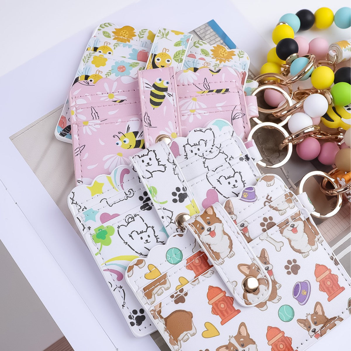 Wholesale Silicone Bead Bracelet Card Holder Keychain PU Tassel Beaded Animal Print