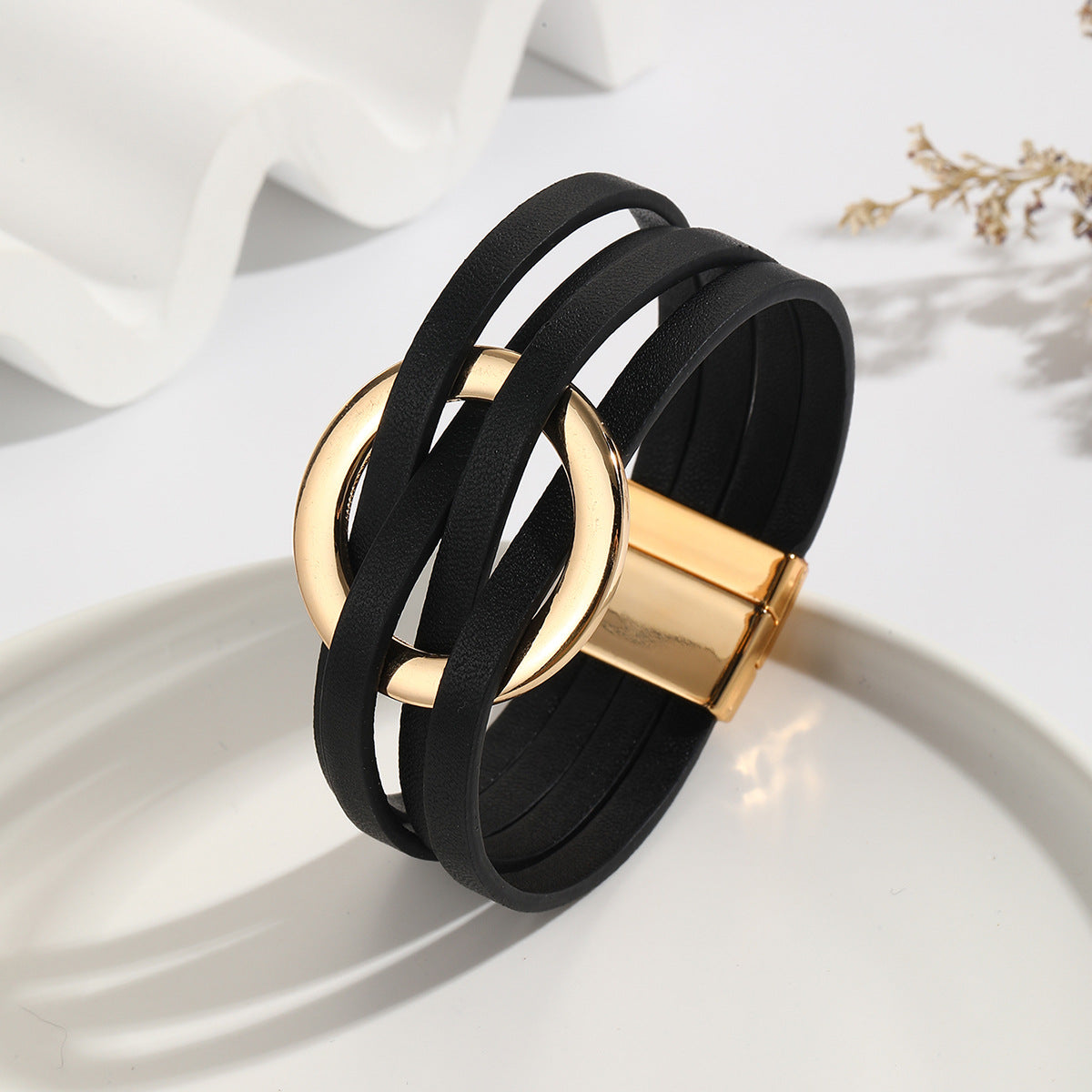 Wholesale Metal Leather Cross Women's Large Hoop Cuff Multi-layer Wristband Magnetic Clasp Bracelet