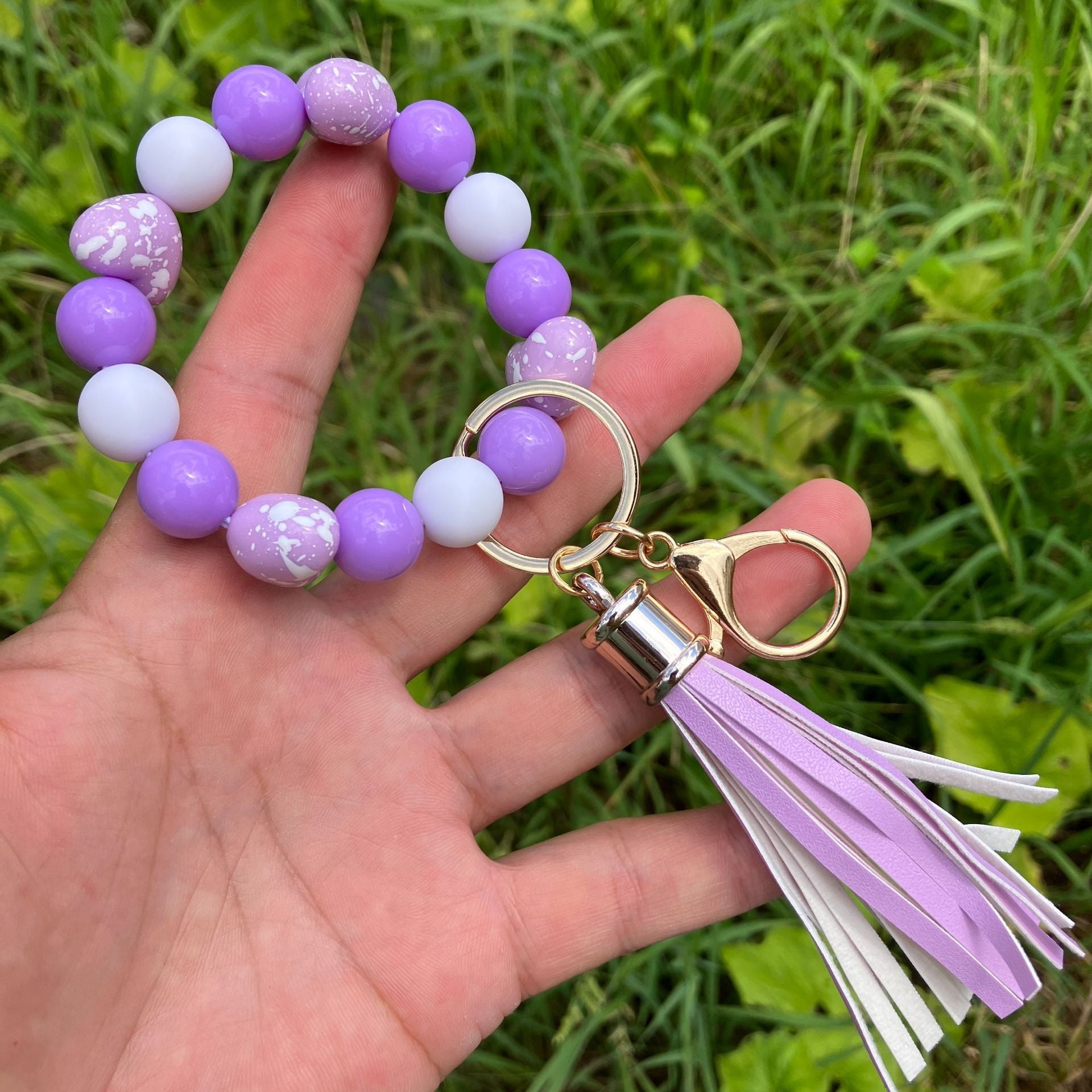 Wholesale Colorful Beaded Heart Printed Tassel Bracelet Keychain