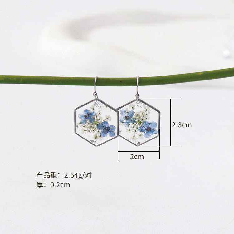 Wholesale 6pcs/pair Blue Forget-me-not Handmade Glue Real Flower Earrings