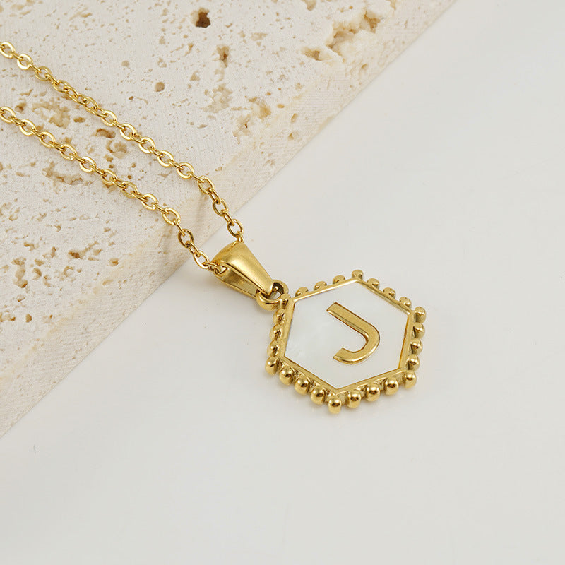 Wholesale Stainless Steel Plated Hexagonal Natural Shell Letter Pendant 18K Necklace