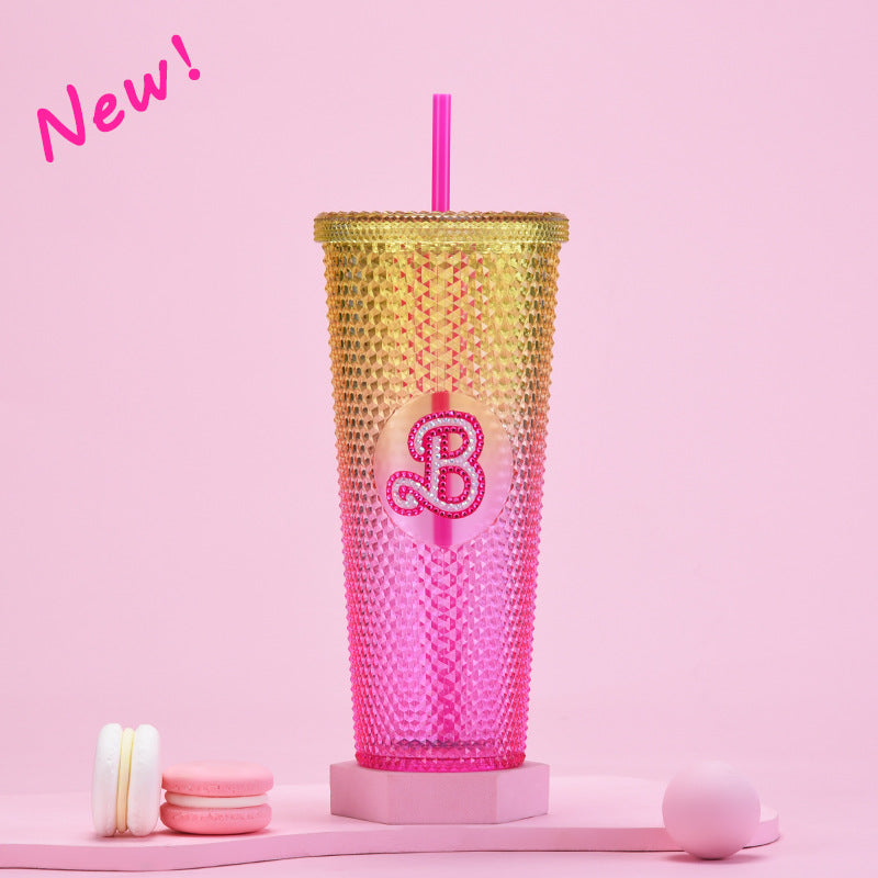 Wholesale double-layer plastic 710ml large capacity straw cup with hand durian diamond cup