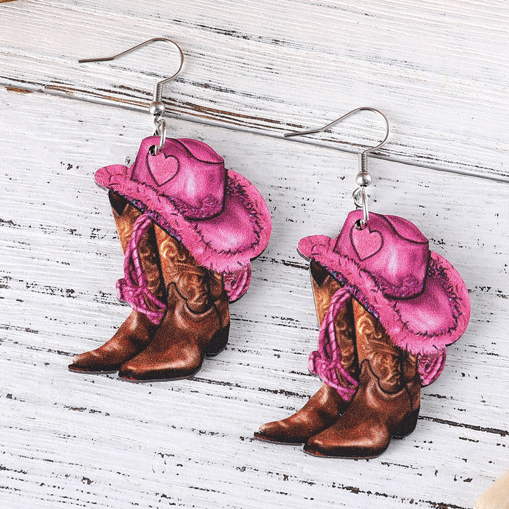 Wholesale Western Style Pink Cowboy Hat Cowboy Boots Pendant Earrings