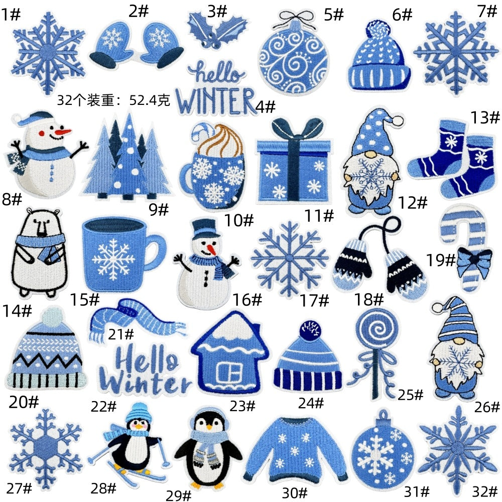 Wholesale Chic Blue Doodle Christmas Embroidery Patches Clothing Applique Stickers DIY Fashion Accessory Gift