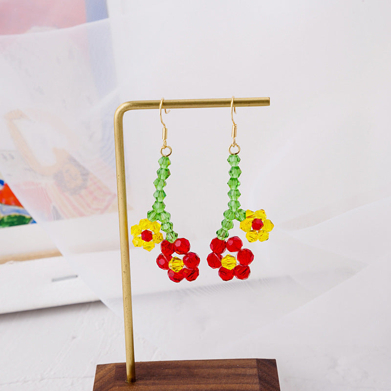 Wholesale Spring and summer colorful flower earrings handmade crystal beaded braided long earrings