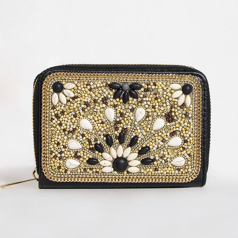 Wholesale Heavy Industry Boho Style Rice Beads Butterfly Flower PU Clutch Bag