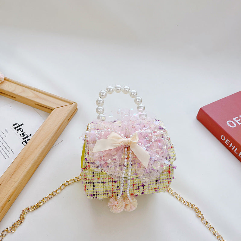 Wholesale Cotton Linen Pearl Bow Kids Shoulder Bag