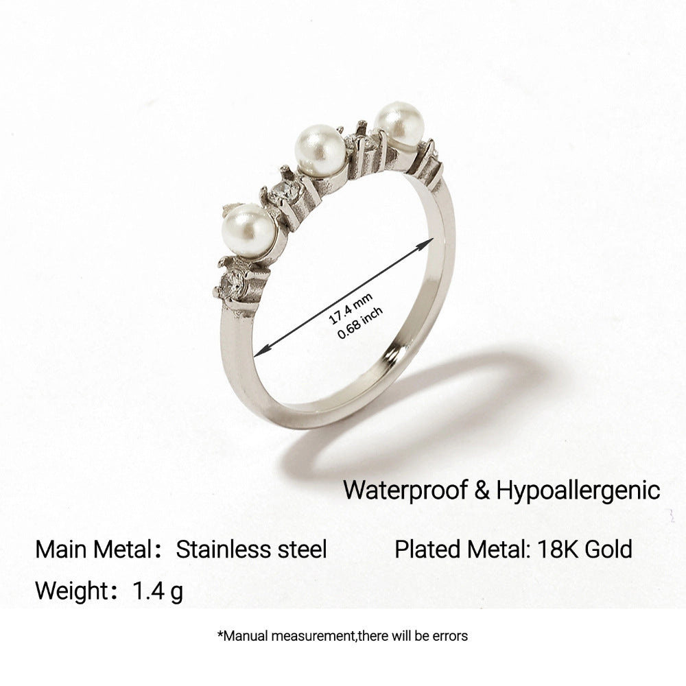 Wholesale Stainless Steel Luxury Gold-Plated Diamond Pearls Not Fade Ring