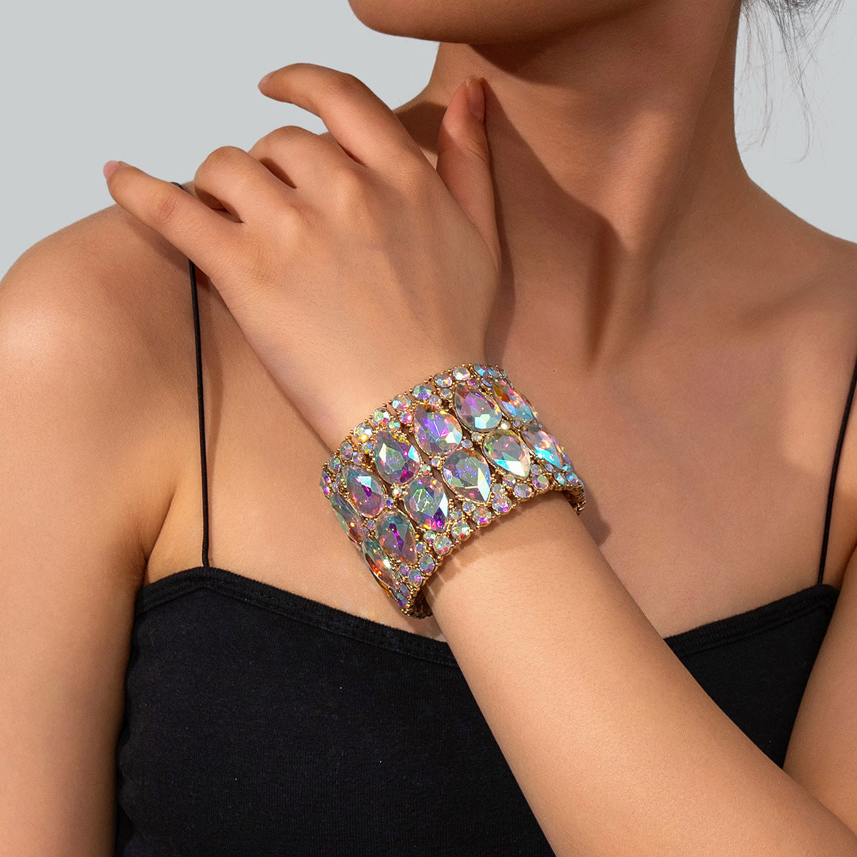 Wholesale Popular Fashion Rhinestone Crystal Gemstone Elastic Wide Alloy Bracelet