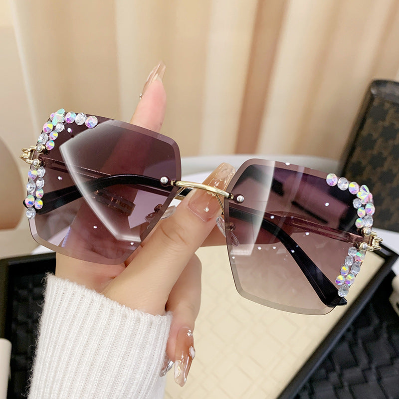 Wholesale Glittery Starry Sky Diamond Large Frame Cut Edge Square Frame Sunglasses