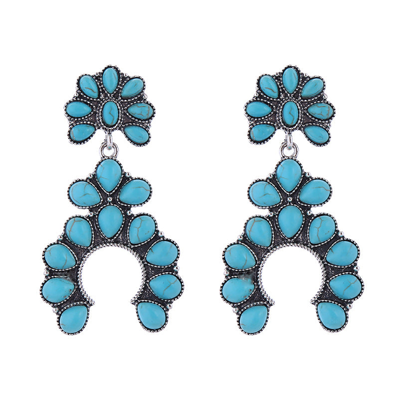 Wholesale Exaggerated retro fan-shaped turquoise hollow earrings
