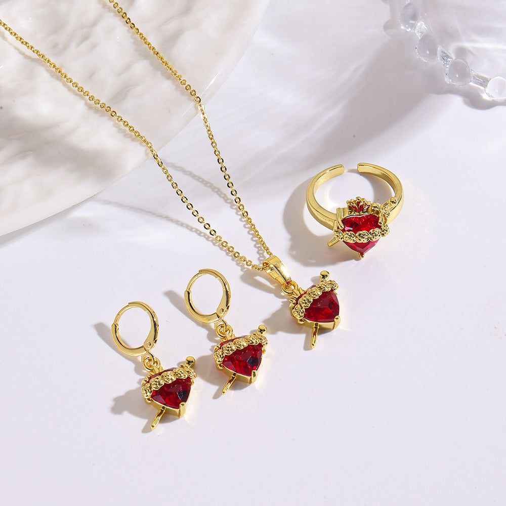 Wholesale Copper rose red heart-shaped zircon necklace
