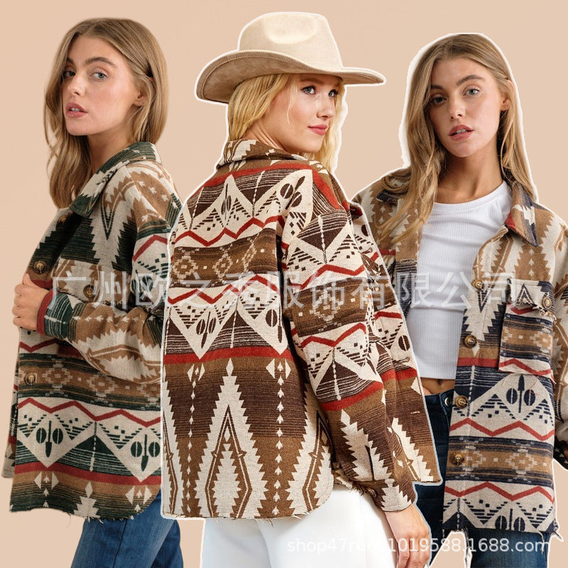 Wholesale European and American Autumn and Winter Jackets, Thickened Retro Aztec Printed Woolen Women Clothes