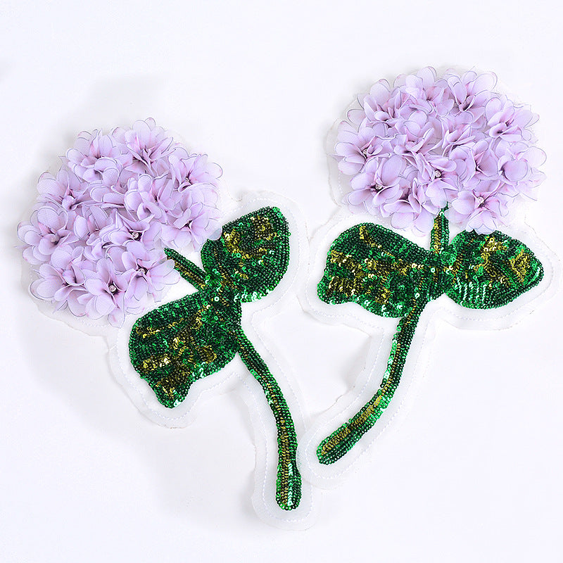 Wholesale Trendy Purple Sequined Hydrangea Applique Patch Hand Sewn Beaded Embroidery DIY Craft Supply For Coat Decoration
