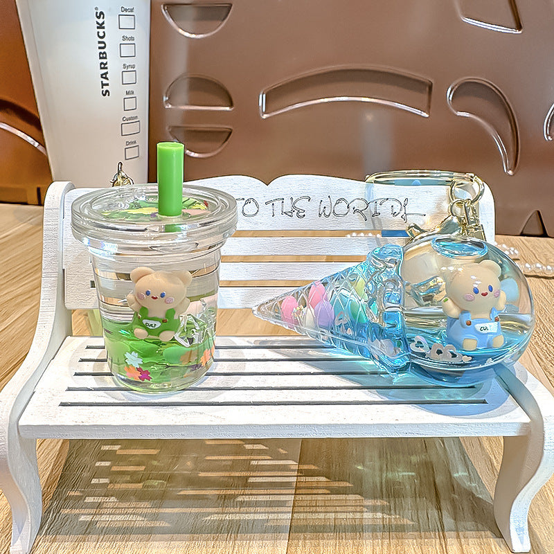 Wholesale Floating Bottle with Oil Sitting Bear Milk Tea Cup Acrylic Transparent Keychain