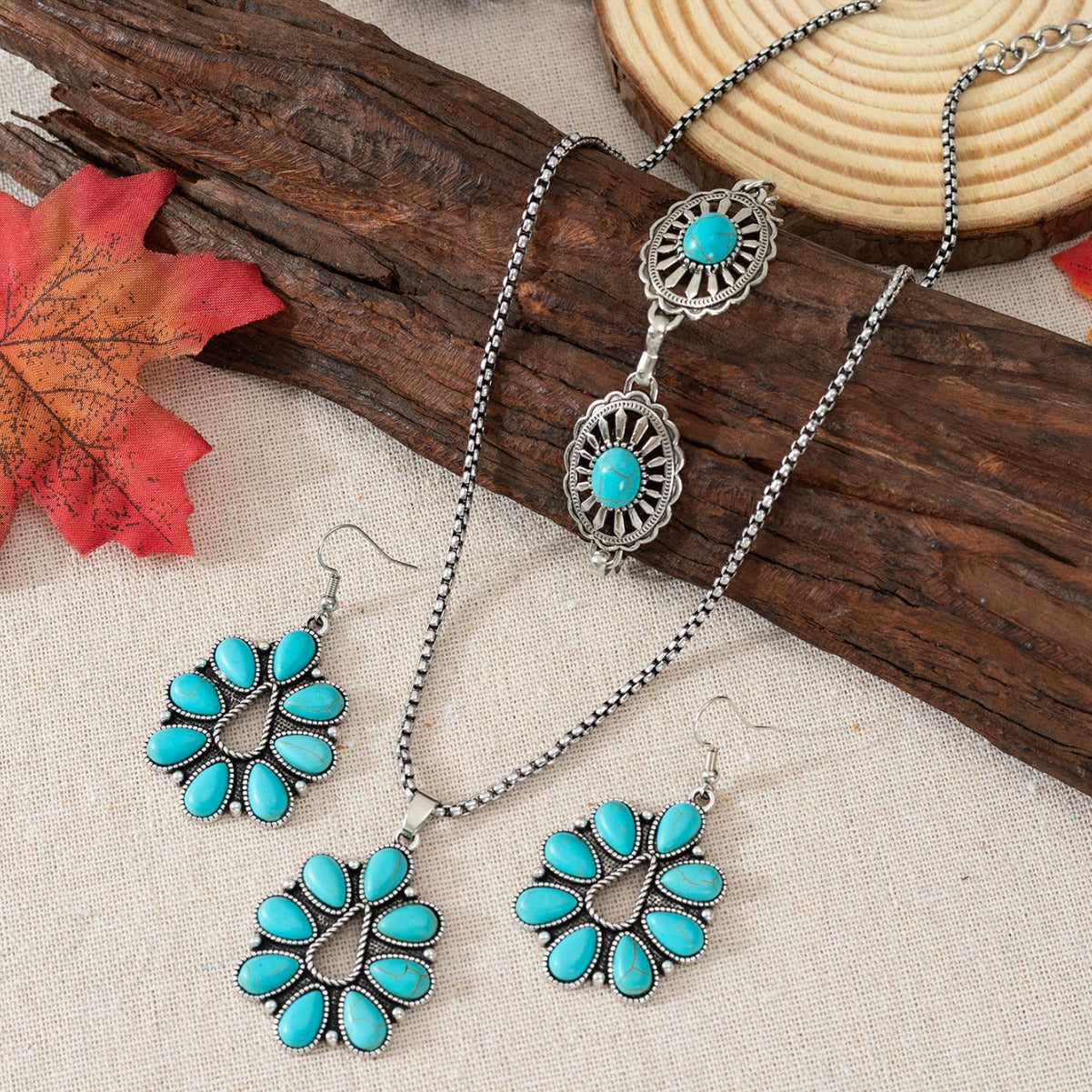 Wholesale Bohemian Retro Fashion Turquoise Drop Necklace Earrings Bracelet