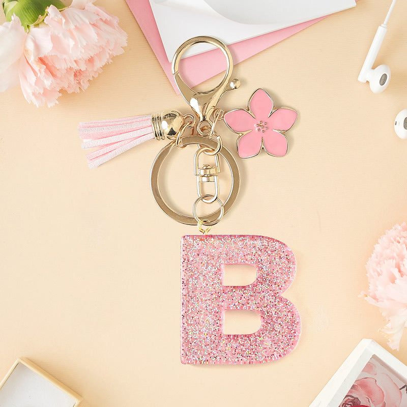 Wholesale Pink 26 letter Sparkling Pink Flower Tassel Keychain