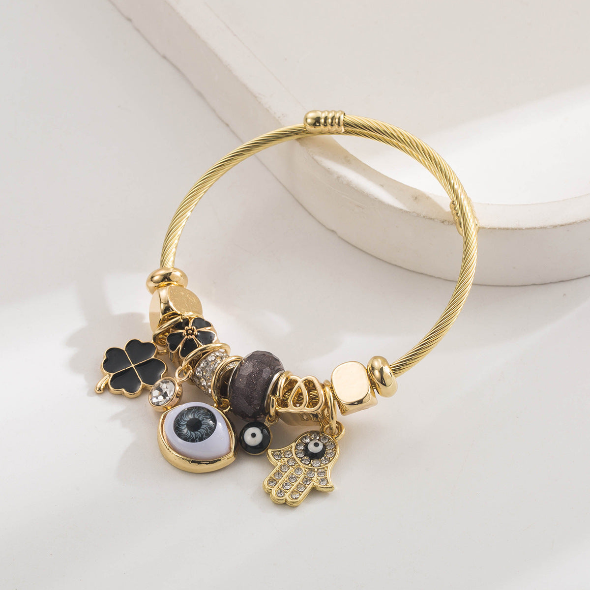 Wholesale Diamond studded Devil' s Eye Palm Clover Stainless Steel Bracelet