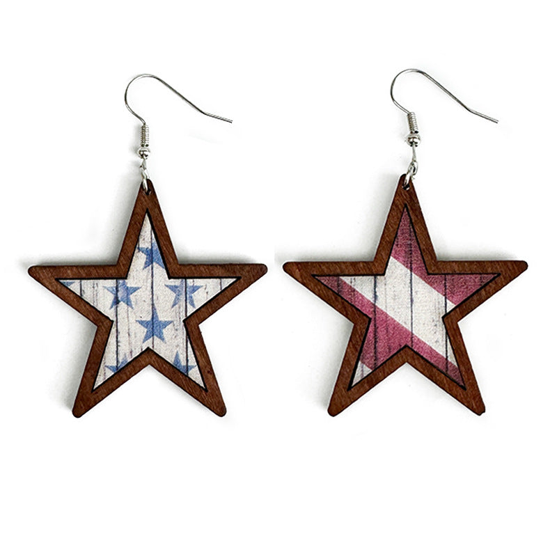 Wholesale American Independence Day Western Style Five-pointed Star Wooden Earrings