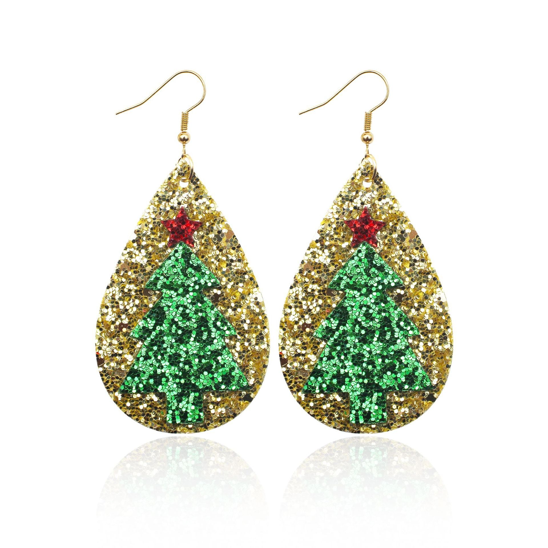 Wholesale Glitter Leather Christmas Tree Star Earrings