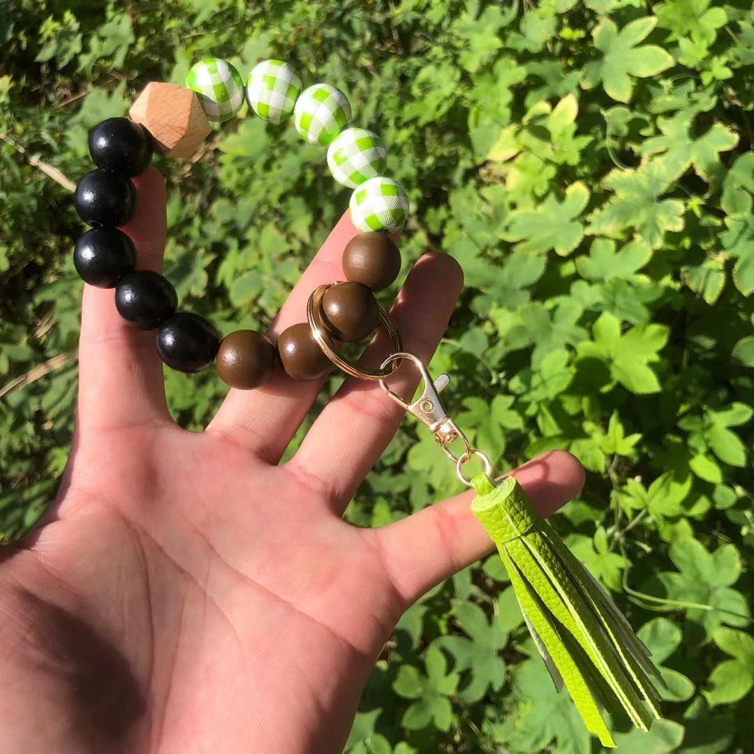 Wholesale Christmas Wooden Beads Plaid Leopard Print PU Tassel Bracelet Keychain