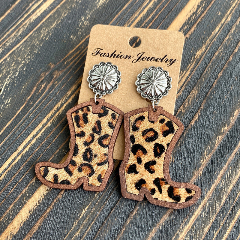 Wholesale Western style denim boots with leopard print inlaid wooden earrings