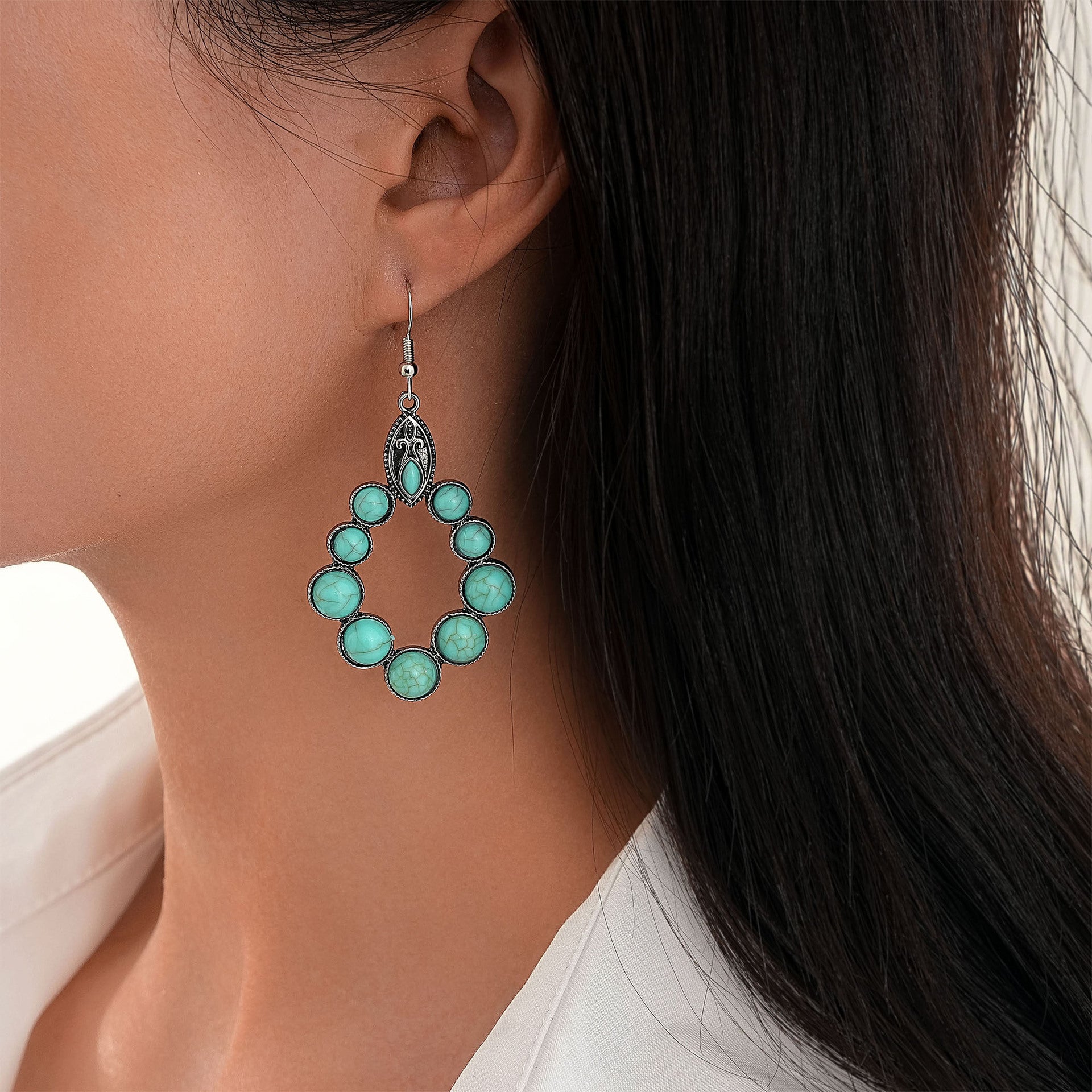 Wholesale Vintage Bohemian Turquoise Drop Shape Hollow Earrings