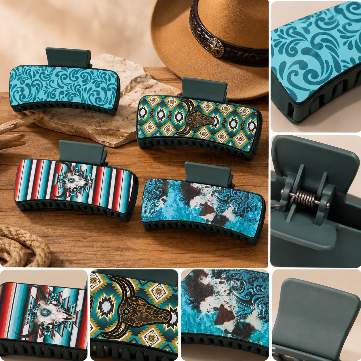 Wholesale Cowboy Style Blue Green Printed Shark Hair Claw Clip For Women Large Plastic Hair Clip Gift