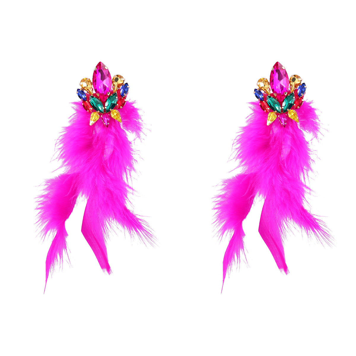 Wholesale Diamond studded floral long feather fringe earrings