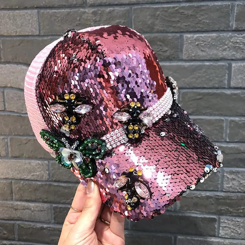Wholesale Rhinestone Butterfly Sunscreen Sequin Mesh Baseball Caps
