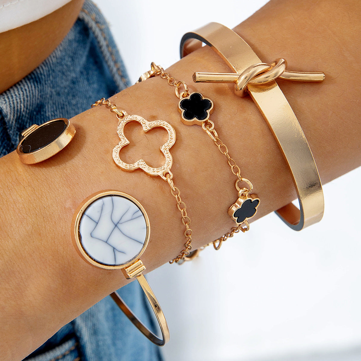 Wholesale 5pcs/pack Fashion Alloy Clover Bracelet Jewelry Three-Piece Set