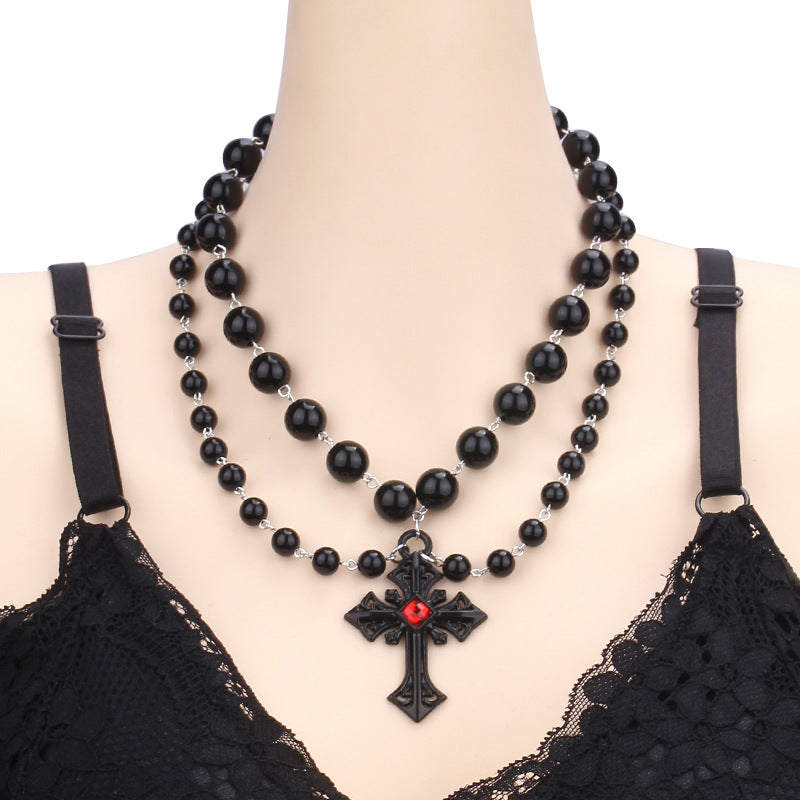 Wholesale Halloween Dark Fashion Cross Imitation Pearl Necklace