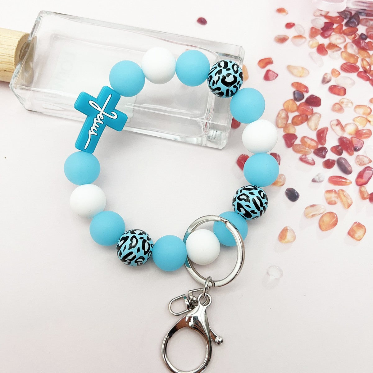 Wholesale Cross Silicone Leopard Beaded Wrist Keychain Bag Austrian Pendant