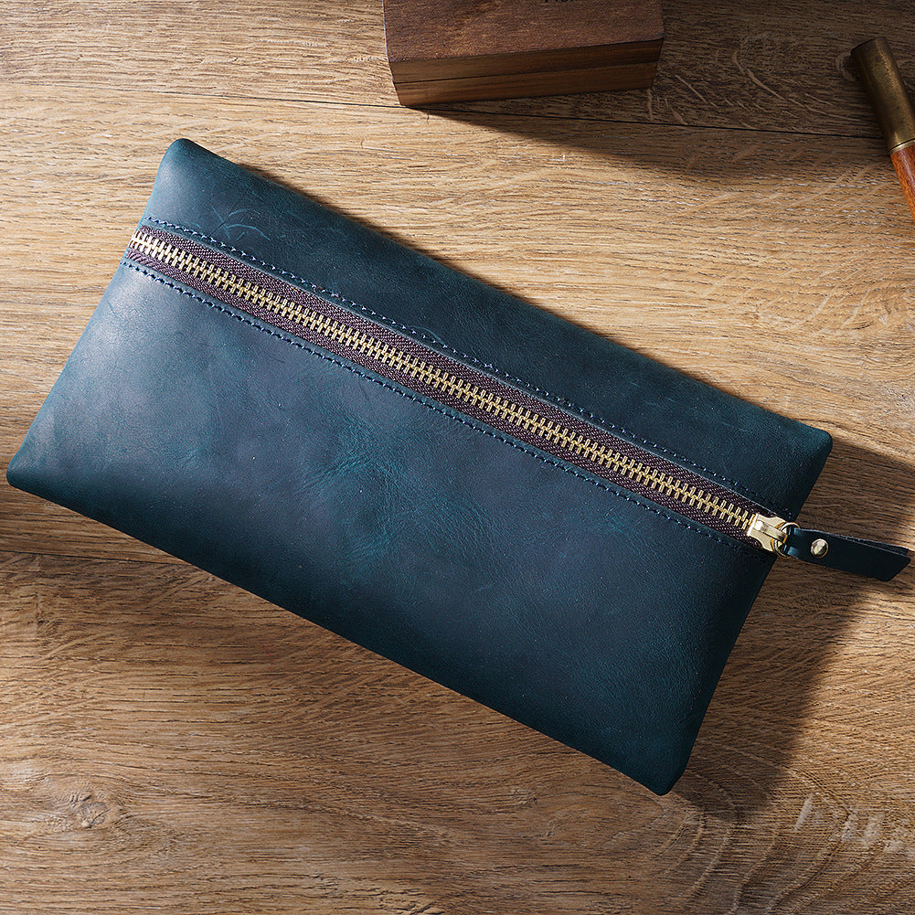 Wholesale Head Layer Cowhide Large -capacity Zipper Simple Portable Pen Bag