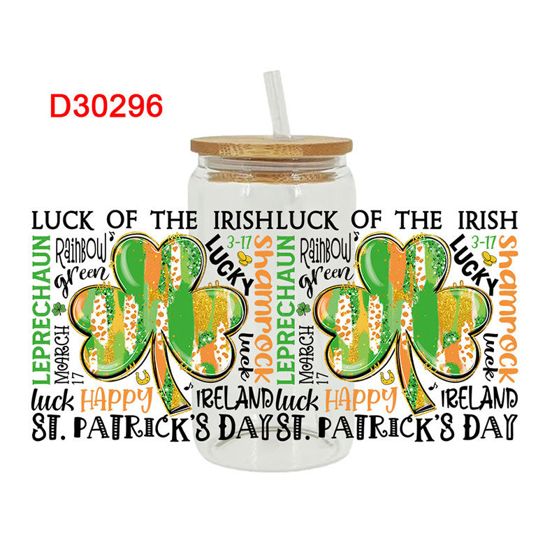 Wholesale Green Cartoon Four-Leaf Clover 16oz Cup UV DTF Wraps