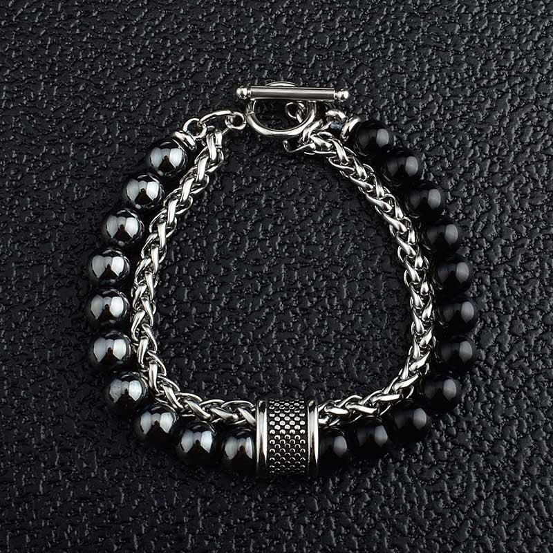 Wholesale Stainless Steel Double Layer Frosted Stone Men's Bracelet