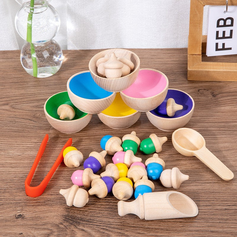 Wholesale Children's New Puzzle Fun 12 Color Ball and Cup Color Classification Wooden Toy Clip Bead Color Recognition Matching Toy