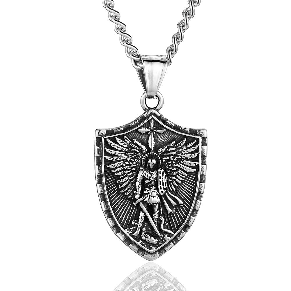 Wholesale Golden Stainless Steel Sword Wielding Warrior Angel Shield Men' s Necklace