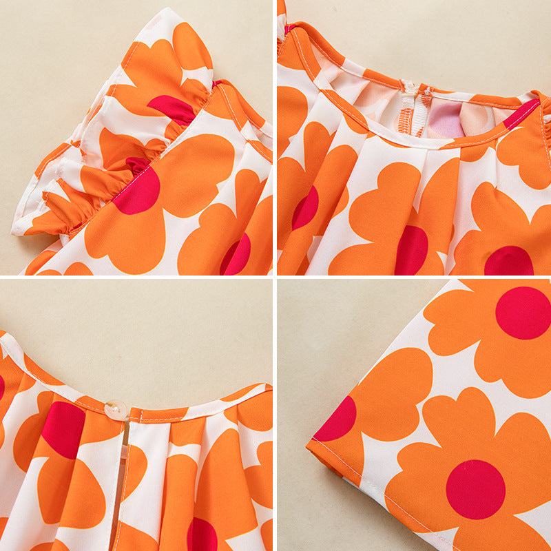 Wholesale Chic Summer Girls A Line Dress With Sunflower Print Flutter Sleeves Polyester Casual Everyday Wear