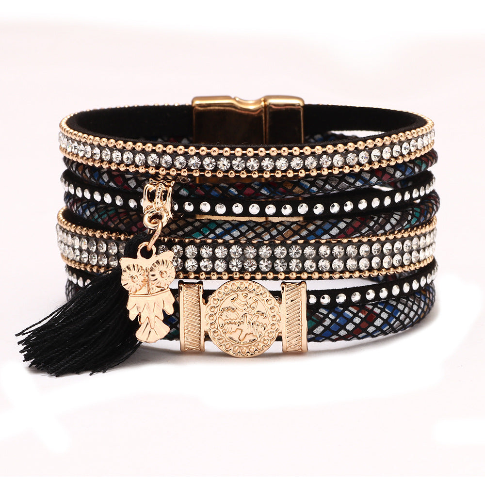 Wholesale Diamond-studded Bohemian Tassel Colorful Magnetic PU Leather Bracelet