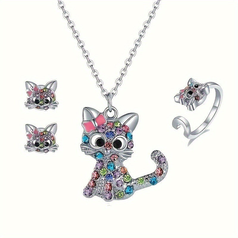 Wholesale Cartoon Color Rhinestone Cat Alloy Earrings Ring Necklace
