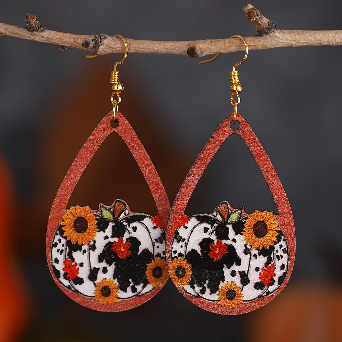 Thanksgiving Leopard Print Pumpkin Wooden Double-Sided Teardrop Earrings