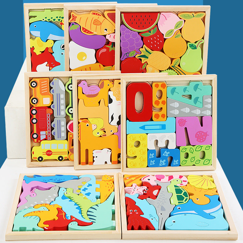 Wholesale Cartoon Animals Three-dimensional Wooden Fruits and Vegetables Transportation Puzzle Puzzle Board