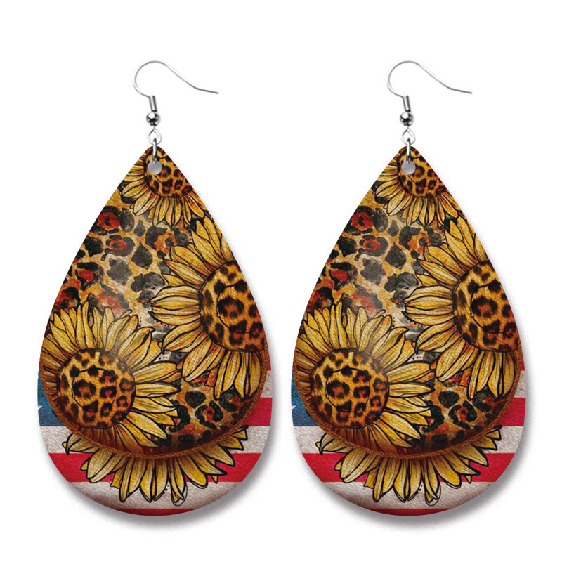 Wholesale Christmas Cow Sheep Animal Western Style Sunflower Retro PU Leather Earrings