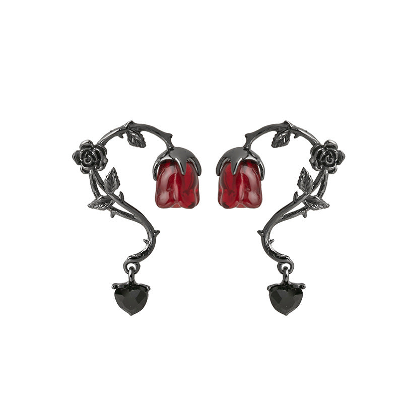 Wholesale Dark rattan red rose flower earrings