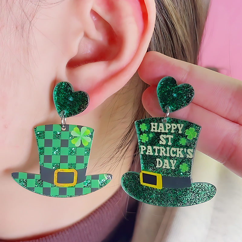 Wholesale St.  Patrick' s shamrock hat-shaped letter Acrylic Earrings
