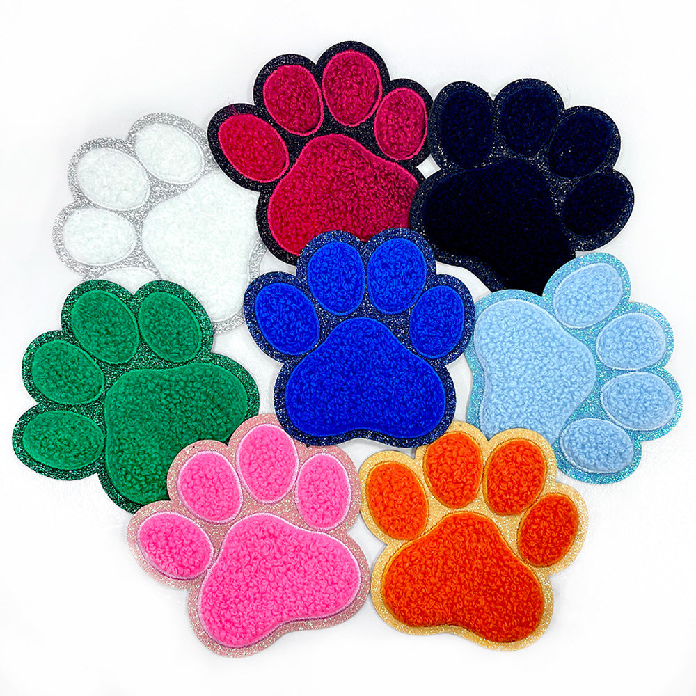 Wholesale Dog Paw Glitter Chenille Embroidered Patch Heat Activated DIY Applique For Shoes Hats And Pet Decor