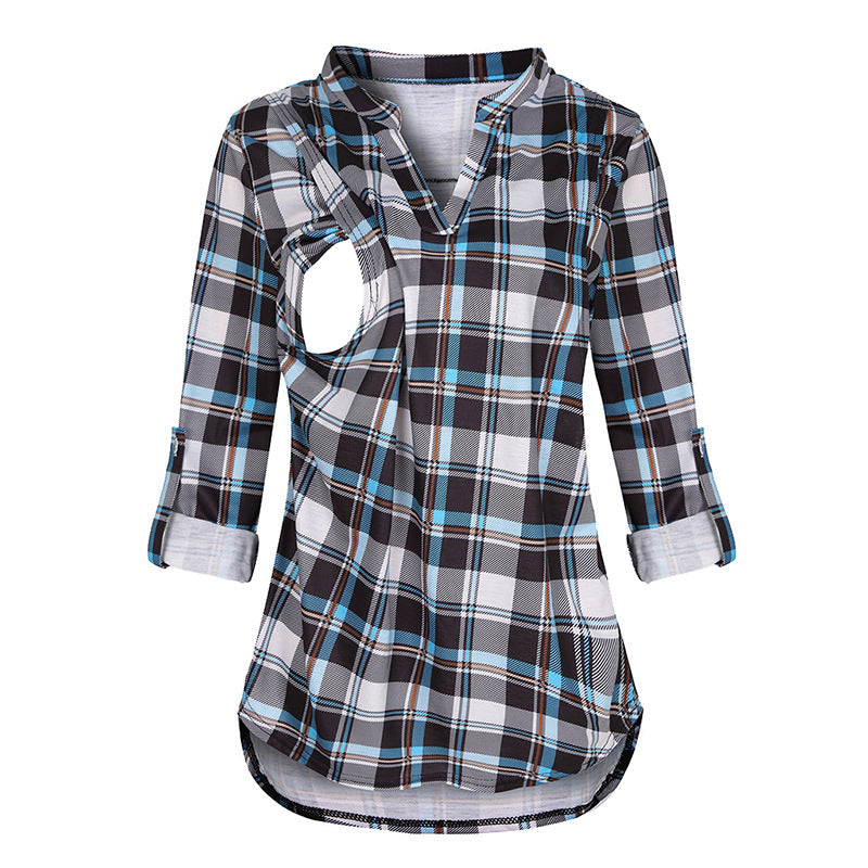 Wholesale Plaid Printed Nursing V-neck Polyester Long Sleeved Top